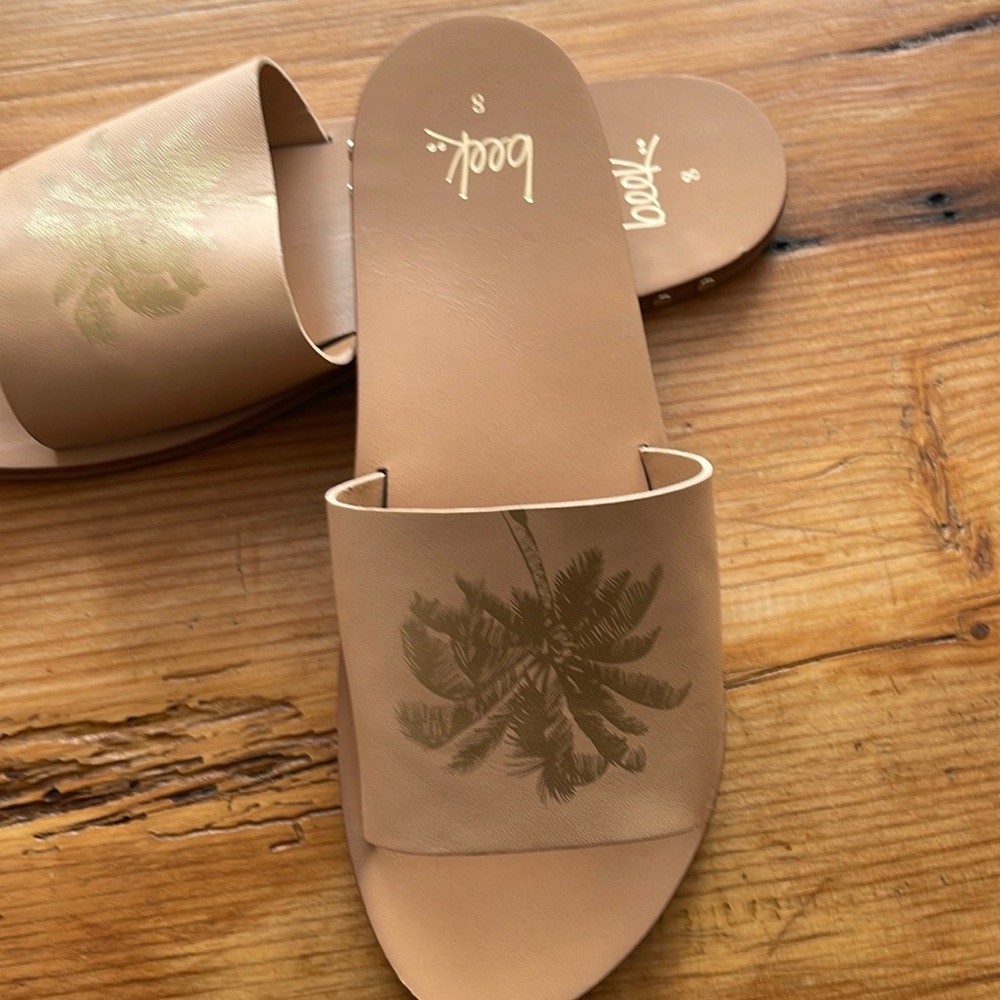 BEEK Brazil Mockingbird Palm Tree Leather Sandals New Beach Tan 8 Slides